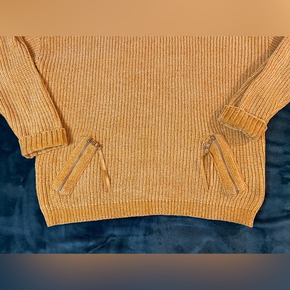 Elena Wang Womens Sweater Sm Mustard Yellow Mock Neck Ribbed Decorative Pockets - Picture 3 of 8